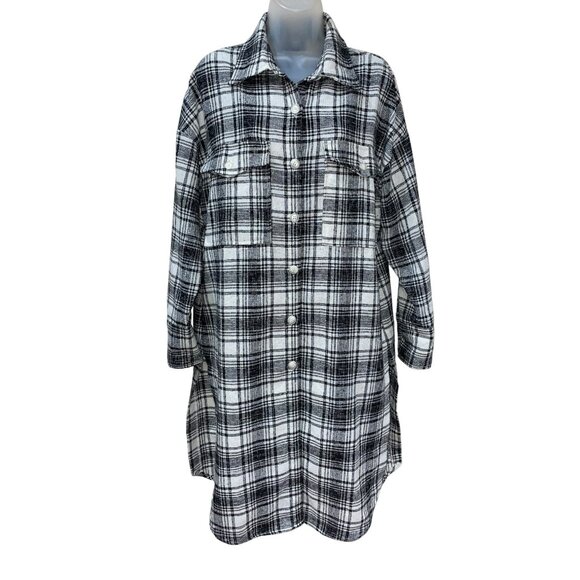 Vici Small Plaid Button-Down Longline Shirt Jacket In Black & White Oversized Si - Picture 9 of 10